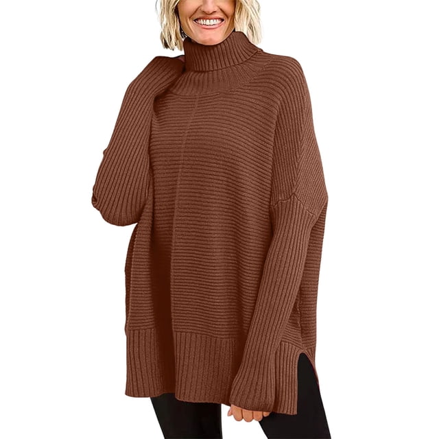 SGMVNU Women's Oversized Turtleneck Sweaters Fall Long Sleeve Ribbed Tunic Sweater Chunky Pullover Knit Tops(Brown, M)