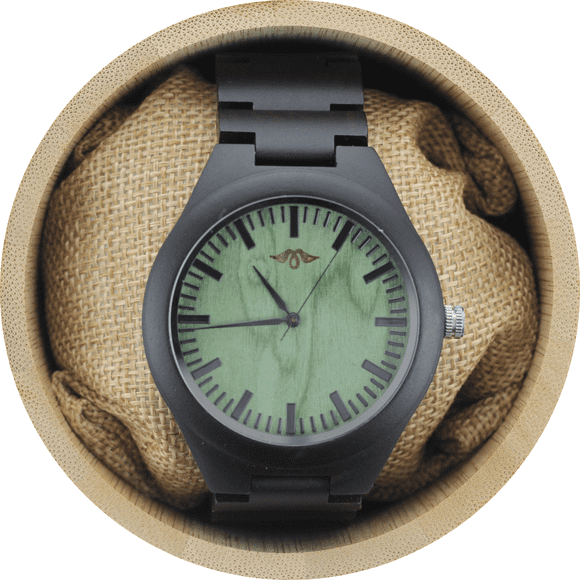Angie Wood Creations Ebony Men’s Watch with Ebony Band and Green Bamboo Dial