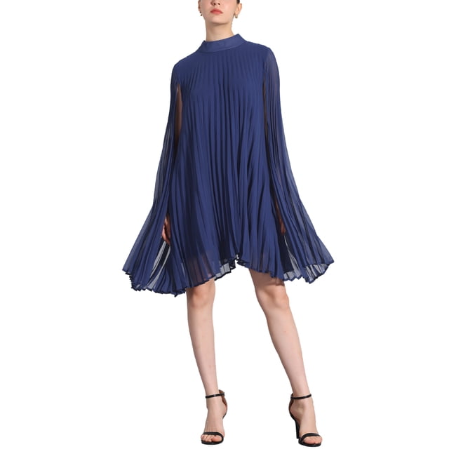 INSPIRE CHIC Robe en Mousseline pour Femmes Présentant un design Ample et Fluide avec des Détails Plissés, des Manches cape et un Col Montant. Cette Robe cape Décontractée Longueur Genou Est Fabriquée en Coquille 100 % polyester et Doublée d'Un Mélange polyester-spandex. Présentée en Bleu Uni.
