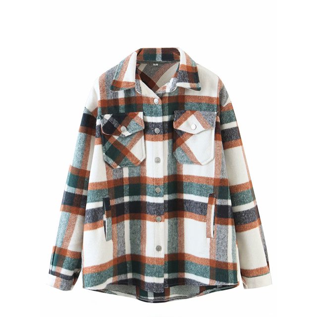 Kmbangi Women Plaid Print Coat, Long Sleeve Button-down Collar Jacket