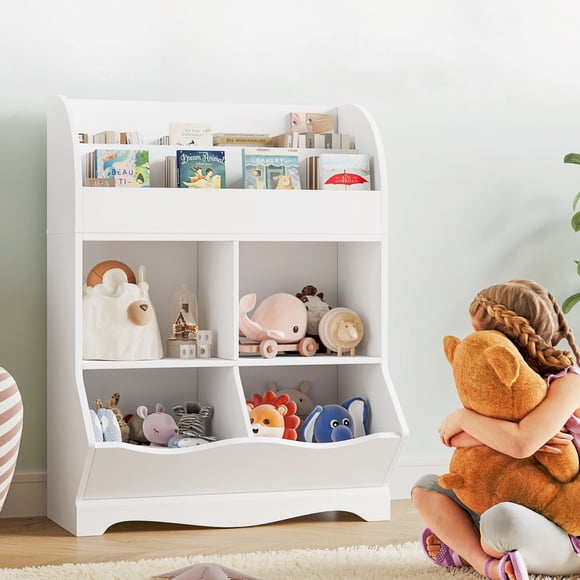 Homfa Bibliothèque pour Enfants avec Étagère à Livres, Armoire de Rangement pour Jouets en Cubes de Bois avec 4 Bacs pour Chambre d'Enfant Salle de Jeux, Blanc
