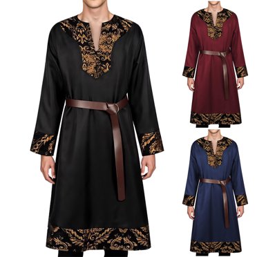 BiZtdJrK Mens Medieval Pirate Robe Vintage Embroidery Long Sleeve V-Neck Tunic Shirts with Belt Set Renaissance Costume Halloween Dress Up, Red, XXL