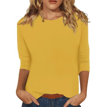 WTXUE T-Shirts 3/4 Sleeve, Crew Neck Shirts for Women's Slim T Shirt Top Cotton Solid | Casual for Women Yellow M