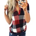 thumbnail image 4 of Femmes T-Shirt V Cou Manches Courtes V Cou Haut à Carreaux Imprimé Blouse Décontractée, Rouge, S, 4 of 4