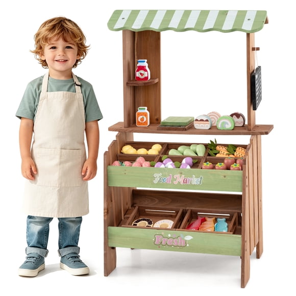 Gymax Wooden Mud Grocery Store for Kids Outdoor & Indoor Farm Market Stand Playset