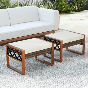 Costway 2 Pcs Poufs en Rotin PE en Osier pour Extérieur Repose-Pieds de Patio Meubles Polyvalents