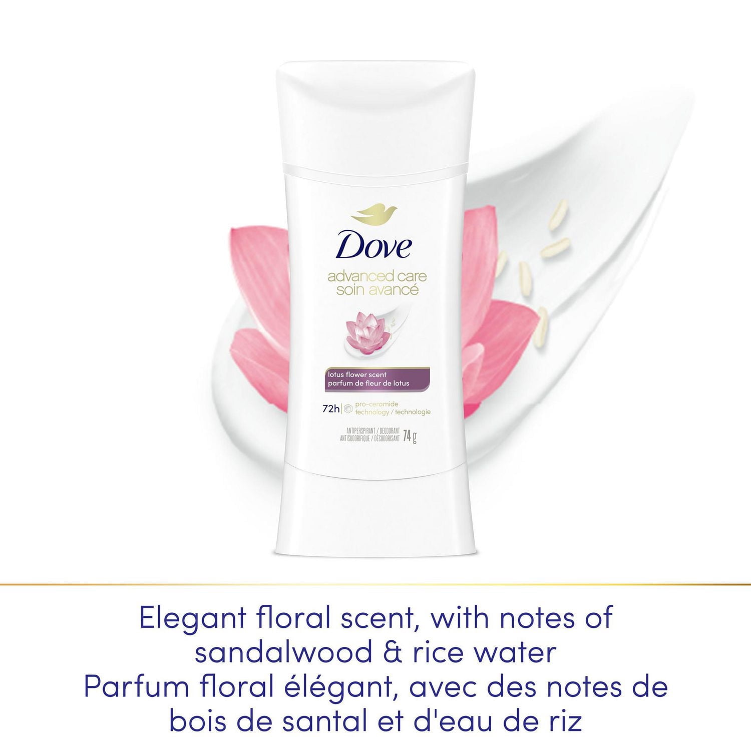 Dove Soin Avancé Désodorisant Antisudorifique en Bâton Parfum de Fleur de Lotus, 74 g