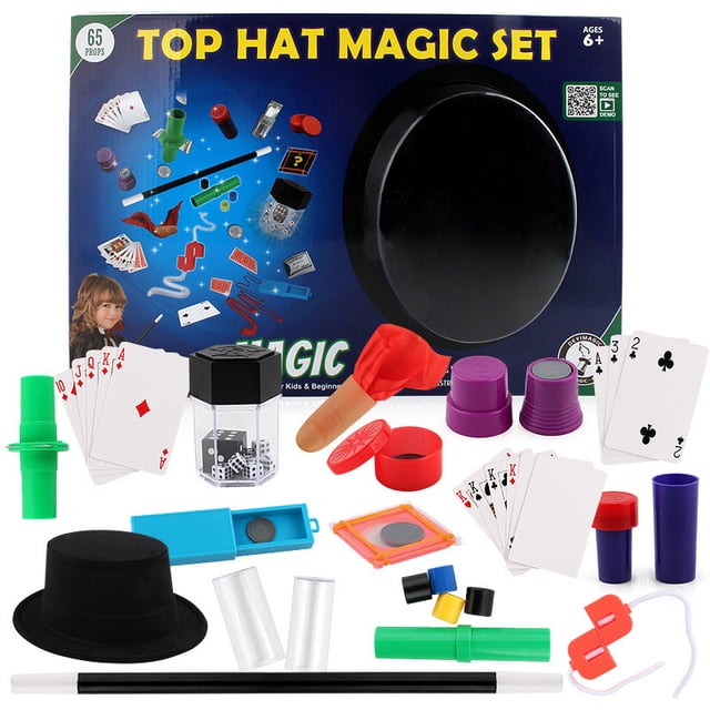 Kids' Magic Kit for Ages 7-14 featuring a variety of performance props, including a vanishing silver coin trick, self-rising wand, poker card swap, and penetration illusion. The set includes a black top hat, playing cards, dice, cups, and other accessories, all designed with a realistic LOGO sticker for authenticity. Made from durable materials, this kit is easy to use and ideal for interactive play and engaging magic performances.