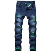 Ketyyh-chn99 Jeans for Men 2024 Casual Pants Shorts Mens Straight Slim Hole Jeans Color Hole Yarn Denim Trousers Blue,38