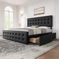 thumbnail image 1 of Cadre de Lit avec 4 Tiroirs de Rangement et Tête de Lit Réglable, Base de Matelas Rembourrée en Lin Doux pour la Peau, Aucun Sommier Requis, 1 of 9