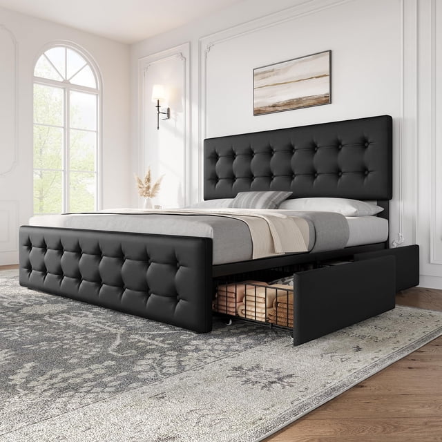 Cadre de Lit avec 4 Tiroirs de Rangement et Tête de Lit Réglable, Base de Matelas Rembourrée en Lin Doux pour la Peau, Aucun Sommier Requis