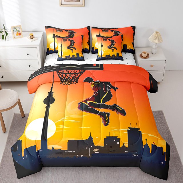 Boys Ball Sports Bed in a Bag King 7 Pieces,Basketball Hoop Comforter Set Reversible Sunset Cityscape Competitive Games Design,Soft Breathable Bedding Sets with Comforter,Sheets,Pillowcases