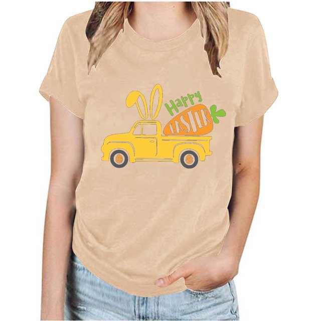 RKSTN Hauts Grande Taille pour Femmes Mode Été 2024 Col Rond Manches Courtes T-shirt Décontracté Ample Imprimé Graphique Voiture de Pâques
