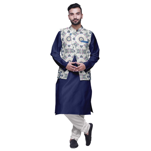 Atasi Kurta Long Indien pour Homme Kurta Pyjama Uni avec Ensemble de Veste Nehru Imprimée