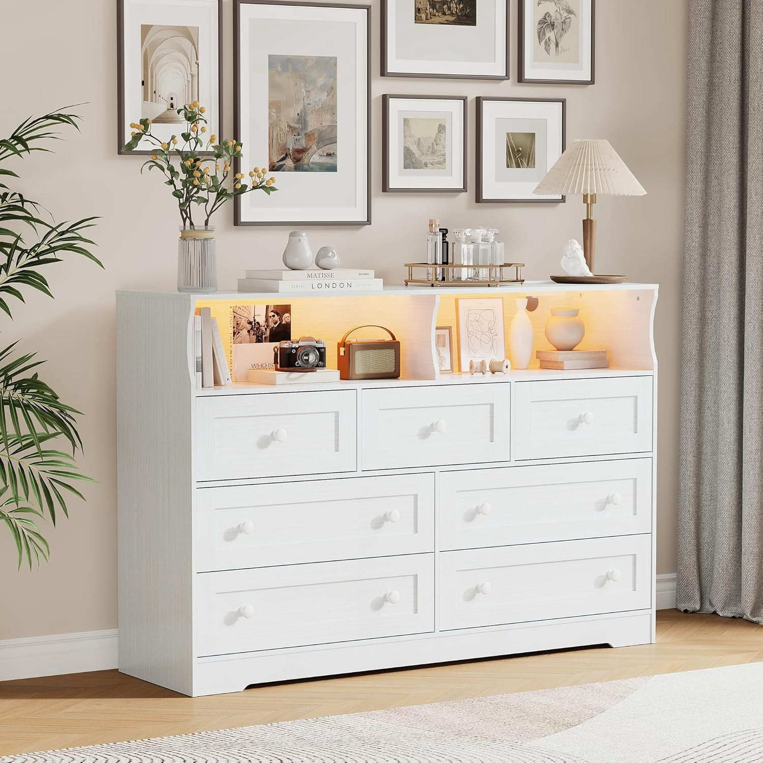 7 Drawer Dresser for Bedroom with LED Lights, Wooden Chest of Drawers with 2 Open Compartments and Charging Station, Freestanding Storage Organizer for Closet, Entryway, Nursery, White