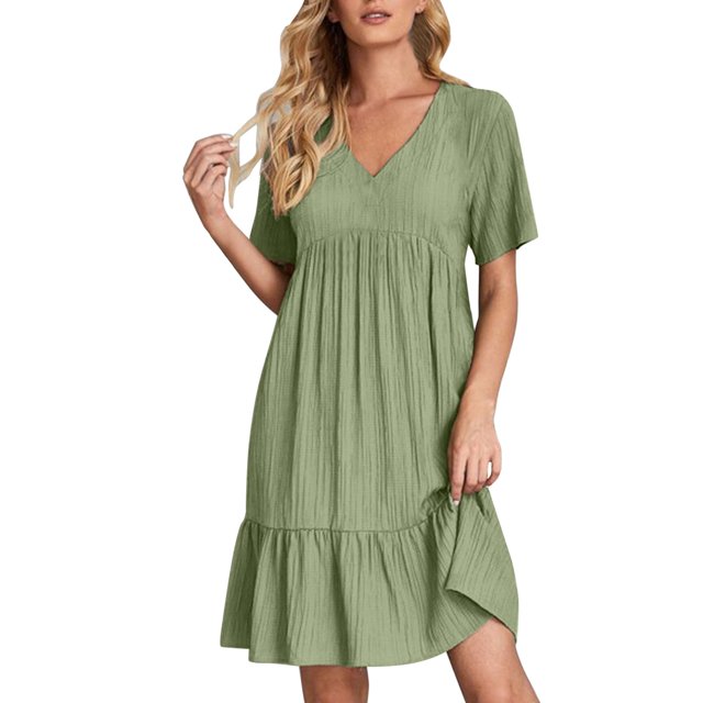 Soldes du Printemps 2024 Hontri Robes pour Femmes Robe d'Été Robes en Lin pour Femmes Robe T-Shirt Décontractée à Manches Courtes Col en V Robe Midi Ligne A en Vert, Taille M. Fabriquée en polyester Léger, Cette Robe Présente des Manches Courtes, un Col en V et une silhouette Ligne A avec un Ourlet Longueur Genou. Idéale pour les Sorties Décontractées, les Vacances Ou le Port Quotidien.