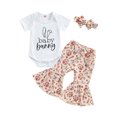 thumbnail image 1 of Faithtur Baby Girls Easter Outfit Sets Short Sleeve Letter Print Romper + Rabbit Egg Print Flared Pants + Headband, 1 of 8