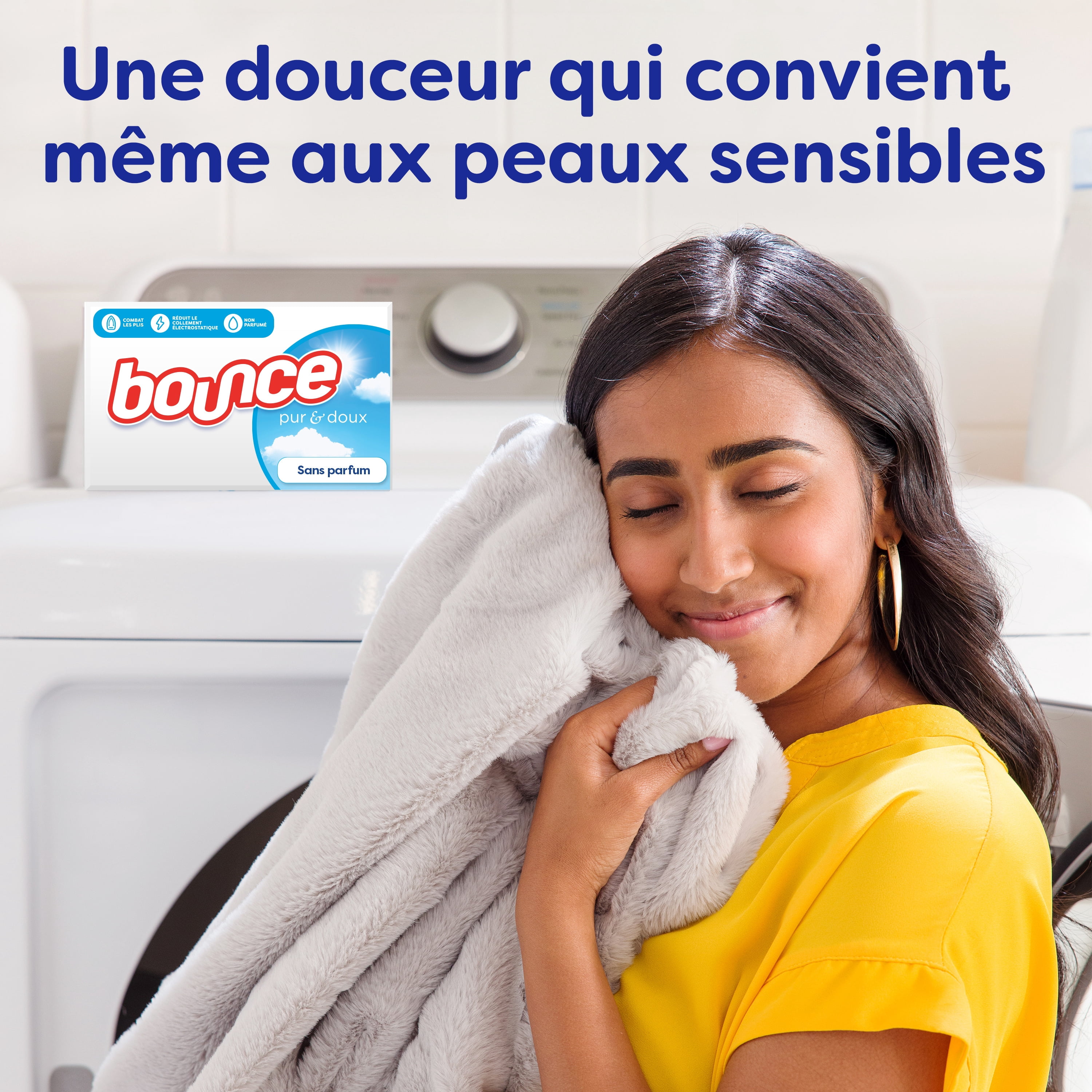 Feuilles assouplissantes Bounce, Pur et doux, non parfumées, feuilles assouplissantes hypoallergéniques pour la peau sensible et sans colorants ni parfums, 250 unités