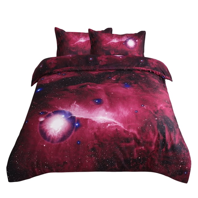 Unique Bargains 3D Galaxy Printed Duvet Cover Set Star Sky Cosmos Night Pattern Bedding Quilt (No Insert) Red Queen Size