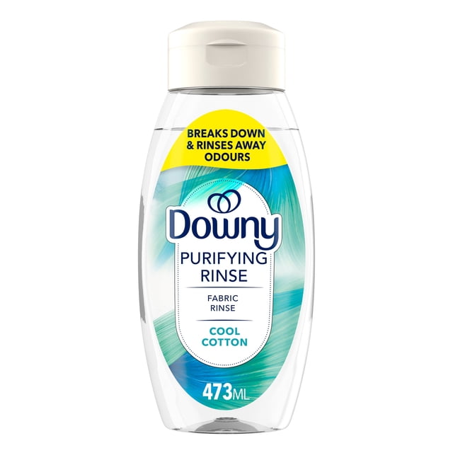 Downy Purifying Rinse Laundry Odour Remover in Cool Cotton scent, 473 mL clear plastic bottle with white flip cap, fabric rinse that breaks down and rinses away odours, acts as fabric softener, HE compatible for laundry freshness.