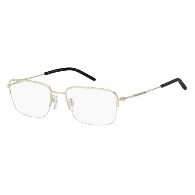 Tommy Hilfiger Mens Prescription Eyeglasses with a lightweight matte gold metal frame, rectangular lenses, black acetate end tips, adjustable nose pads, and the Tommy Hilfiger logo with the brand's flag on the temples, designed for Asian fit and comfort.