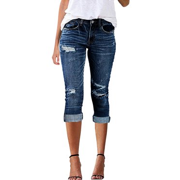 Jeans Capri pour Femmes Décontractés et à la Mode en Denim Perforé à Taille Élastique Pantalons en Denim Capris