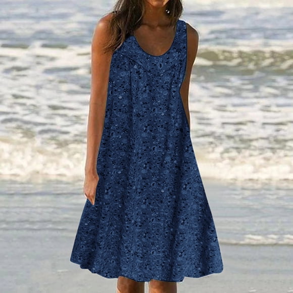 Women's Summer Dress, Flowy Midi Dress with Crew Neck, Sleeveless Loose Fit for Beach and Vacation