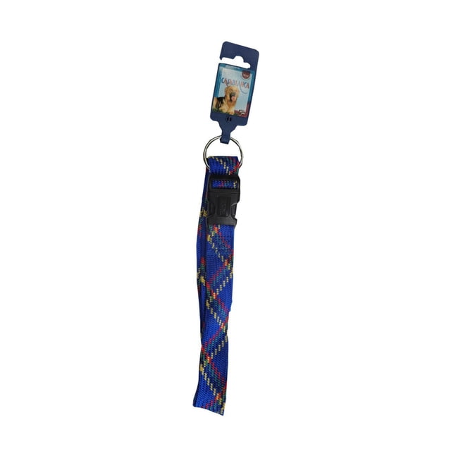Trixie Adjustable Collar Blue Casablanca made of durable nylon doppellagiges with embroidered blue plaid pattern, featuring a black plastic buckle and metal ring, adjustable from 60 to 85 cm, ideal for larger dogs, ensuring a secure fit and soft feel, often used for everyday walks.