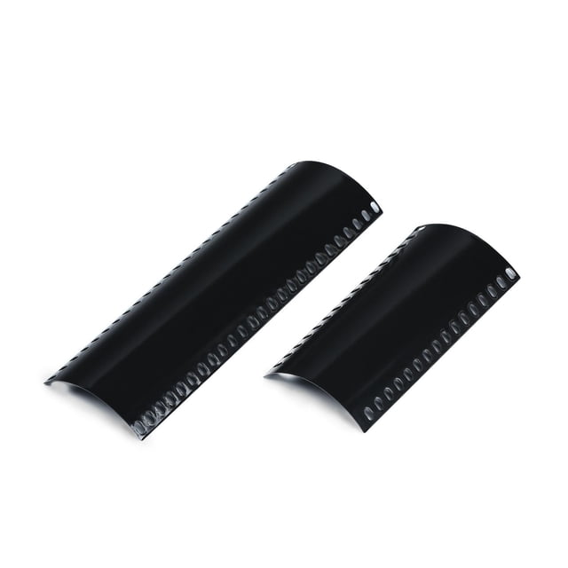 Expert Grill stainless steel black universal tube burner heat shield set with two curved vaporizer bars featuring ventilation holes along edges, designed to fit most grills and prevent flare ups by vaporizing grease for even cooking and enhanced flavor.