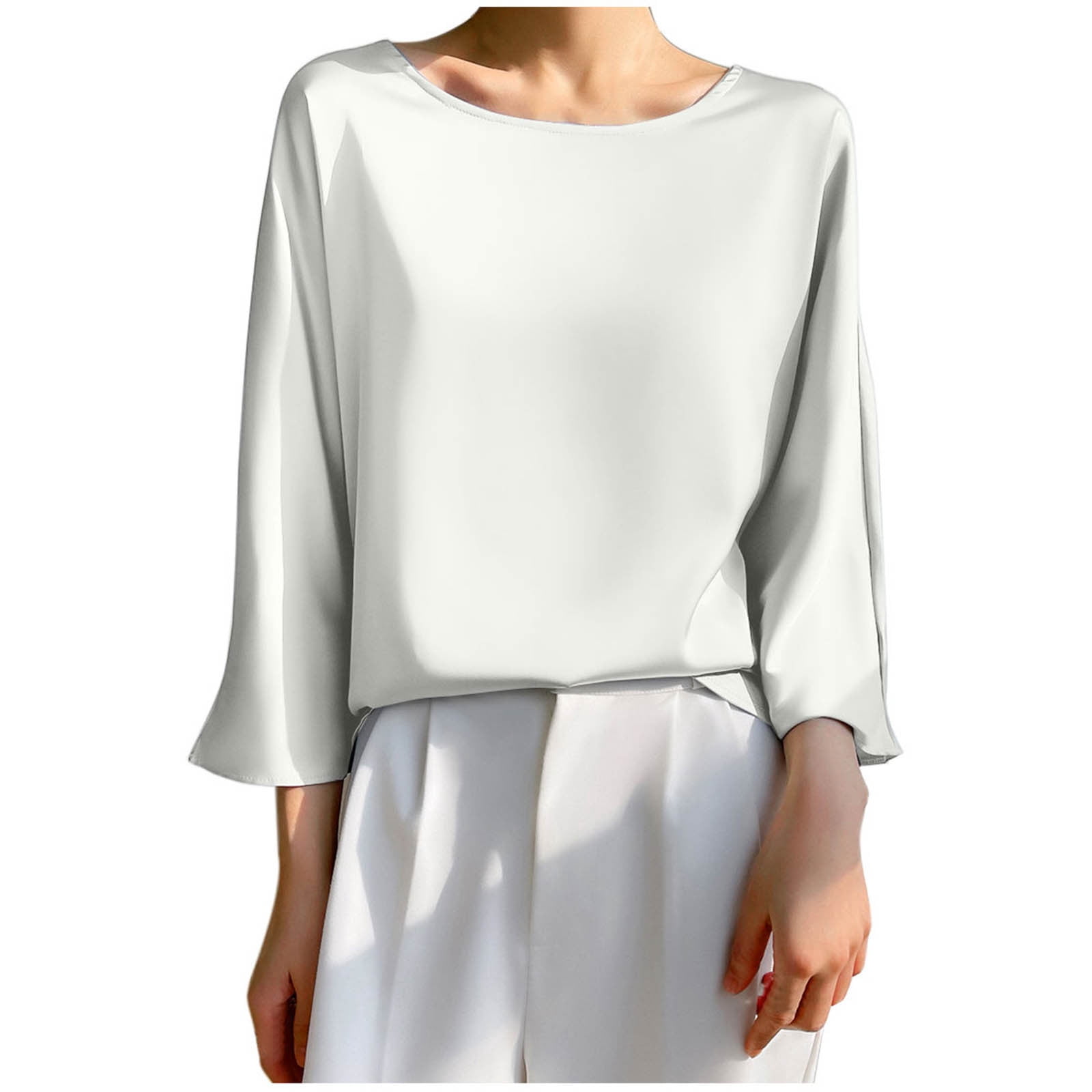 Timegard Hauts pour Femmes Satin Manches 3/4 Encolure Dégagée Lissant T-Shirts Unis Décontractés Amples