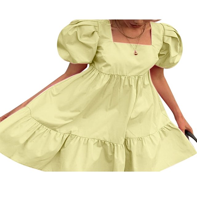 Femmes Robe Décontractée Couleur Unie Polyester Manches Courtes Col Carré Style Ourlet Volanté Mini Robes Jaune M