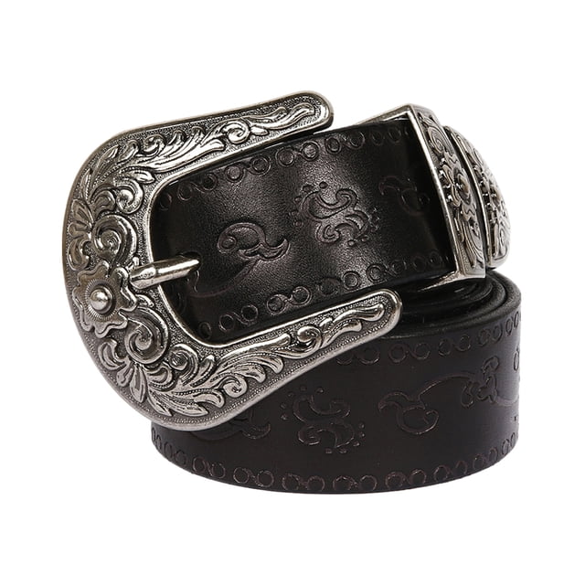 Ruiboury Embossed Pattern Belt With Fine Craftsmanship For Vintage And Western Looks Long Fashion Embossed Pattern Rivet Belt round flowers black 125cm 3Set