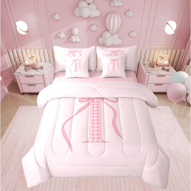 Erosebridal Lit Nœud Papillon Rose Girly Taille Très Grand, Ensemble de Lit Initiale a à Z, Décoration Initiale I, Réversible 7 Pcs