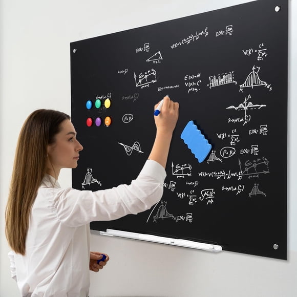 Magnetic Glass Whiteboard - 36"x24" (90x60cm) Black Frameless Dry Erase Board - Tempered Glass Wall Mounted with 4 Holes for Office/School/Home (1 Unit)