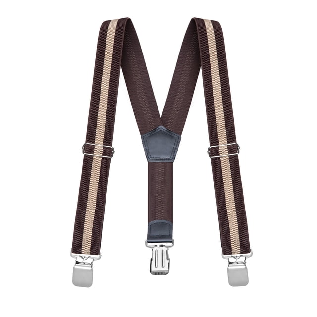 Buyless Fashion Bretelles Texturées Robustes pour Hommes avec Sangles Ajustables de 48 Pouces et Largeur de 1 1/4 Pouce en design à Dos en Y. Ces Bretelles Présentent un Matériau Élastique durable avec un Motif Rayé Brun et beige, des Pinces Métalliques Robustes et un Patch Croisé en Cuir pour Plus de style et de Soutien. Idéales pour les occasions Formelles et Semi-Formelles, Elles Offrent un style Professionnel et Conviennent aux Pantalons, jeans et shorts.