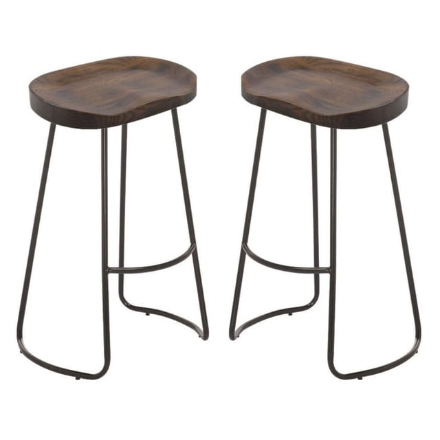 Backless Stool with Wood Seat and Black Matte Legs featuring a curved walnut tractor-style seat and black metal legs with footrest, measuring 26 inches high by 16.5 inches wide and 18 inches deep, suitable for kitchen and bar seating in contemporary spaces and often used as extra seating for casual workspaces.