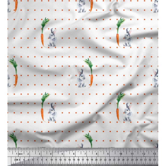 Soimoi Cotton Cambric Fabric Carrot & Rabbit Dots Print Fabric by Yard 56 Inch Wide