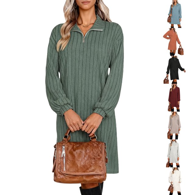 Mceream Robes pour Femmes à Manches Longues Grande Taille Décontractées Printemps Automne Robes Col en V Tricot Côtelé Robe Chandail Légère avec Fermetures Éclair Vert Armée TG