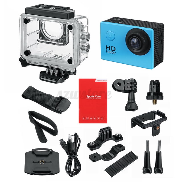 Waterproof Sports Camera Bike Motor Cycle Action Helmet DV Cam 1080P For Gopro displayed with accessories such as a waterproof case, helmet mounts, adhesive tapes, USB cable, and user manual. The camera features a blue casing, wide-angle lens, and 2.0-inch LCD screen, ideal for bike helmets and outdoor sports.