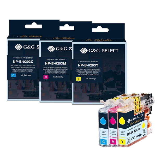 G&G Select Brother LC203 New Compatible Cyan, Magenta & Yellow Ink Cartridge 3 pack featuring three boxed cartridges labeled NP-B-0203C, NP-B-0203M, and NP-B-0203Y for Brother printers, alongside transparent cartridges showing cyan, magenta, and yellow ink chambers, designed for consistent OEM-quality printing with environmentally compliant components.