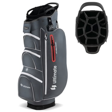 Patiojoy Sac de Chariot de Golf à 15 Voies Sac de Club de Golf avec Organisateur à 15 Voies Séparateur Supérieur 7 Poches Zippées Sac Isotherme Porte-Parapluie Capuchon de Pluie Gris + Rouge