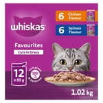 WHISKAS FAVOURITES Aliments pour chats mouillés adultes coupés dans des arômes de poulet et de saumon