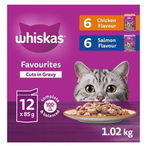 WHISKAS FAVOURITES Aliments pour chats mouillés adultes coupés dans des arômes de poulet et de saumon