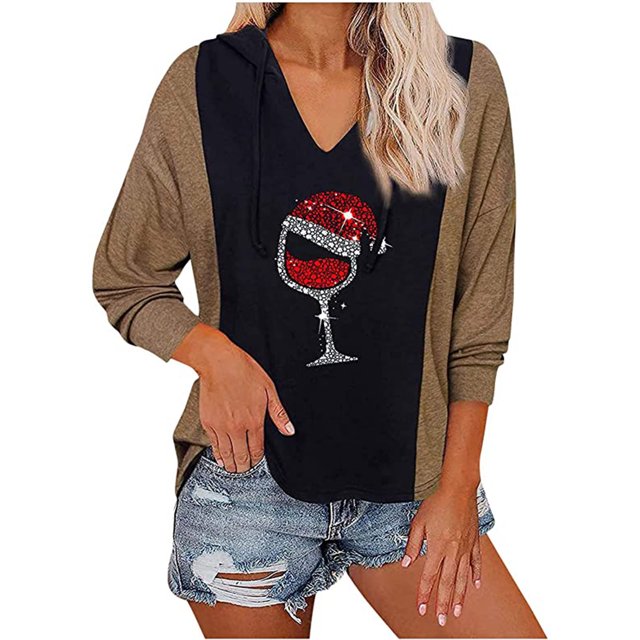 CEHVOM Blouse à Capuche Imprimée T-Shirt à Manches Longues Col en V Automne pour Femme