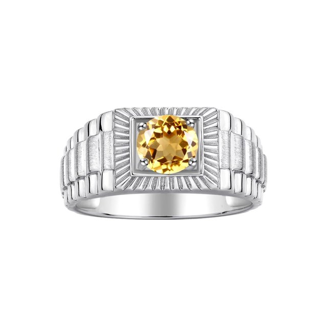 RYLOS Men's Ring 14K White Gold Ring, 7MM Round Shape Gemstone Designer Style Rings Citrine November Birthstone Rings Gold Size 11