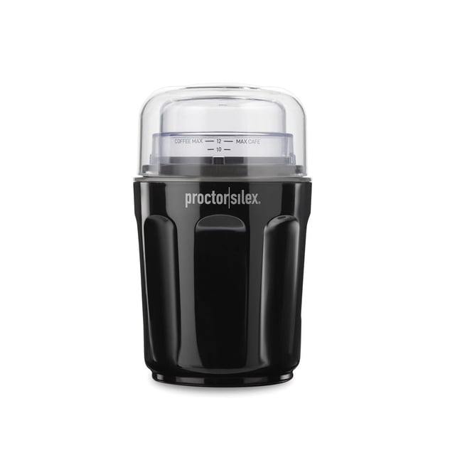Proctor Silex Sound Shield Coffee Grinder with black plastic body and clear lid, featuring Sound Shield technology for quieter grinding, grinds coffee for up to 12 cups, with removable dishwasher-safe grinding bowl and stainless steel blades, front view on white background.