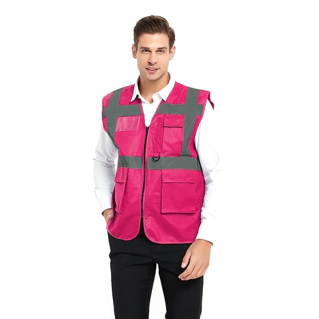 TOPTIE 5 Pockets High Visibility Safety Vest with Reflective Strips, Working Uniform Vest-Hot Pink-M