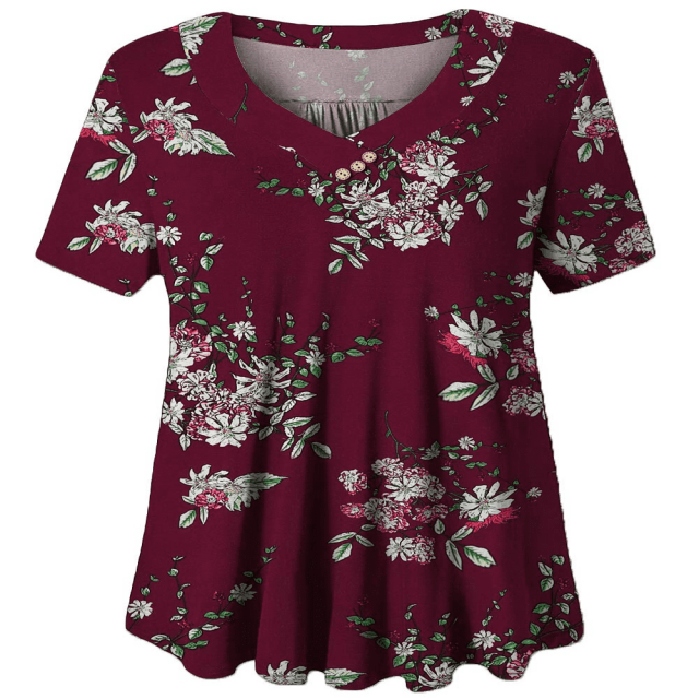 Woman Plus Size Short Sleeve Floral Blouses Henley T-Shirts V Neck Button Tunic Tops M-4xl