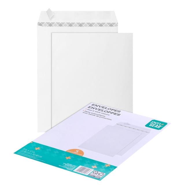 Pen + Gear 9"x12" white envelopes pack of 5 with peel and stick adhesive closure, showing one open and one closed envelope alongside the product packaging with bilingual English and French text and size details, ideal for storing larger documents flat.