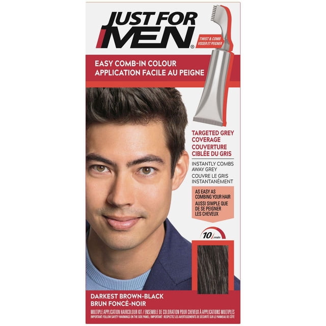 Just For Men Easy Comb-In Darkest-Brown Black A-50 semi-permanent hair colour packaging showing a tube with a comb applicator for targeted grey coverage, featuring an ammonia and peroxide-free formula that blends grey hair in 10 minutes and lasts up to 8 weeks, with bilingual English and French text.